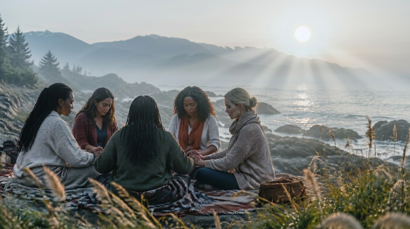 Women praying together in a circle on a coastal shoreline on a misty morning
